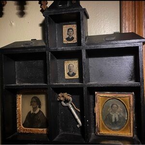Black House Shelf with Victorian Photography, Skeleton Key & Victorian hair